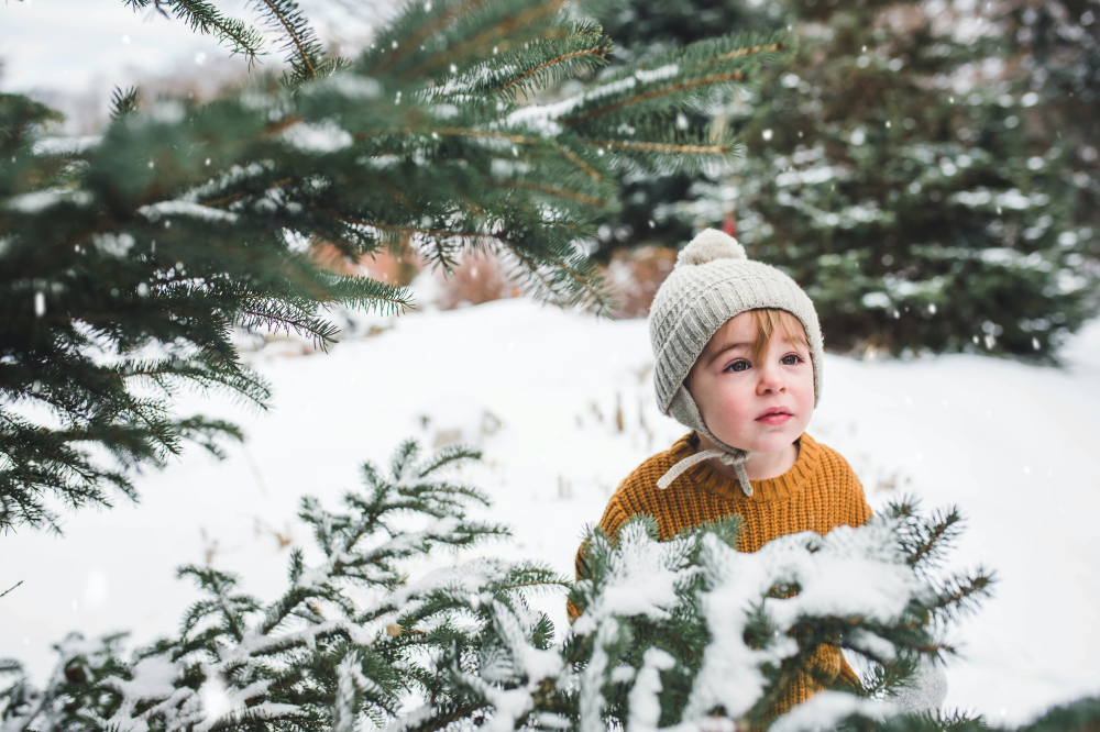 A child stands among snow-covered trees.