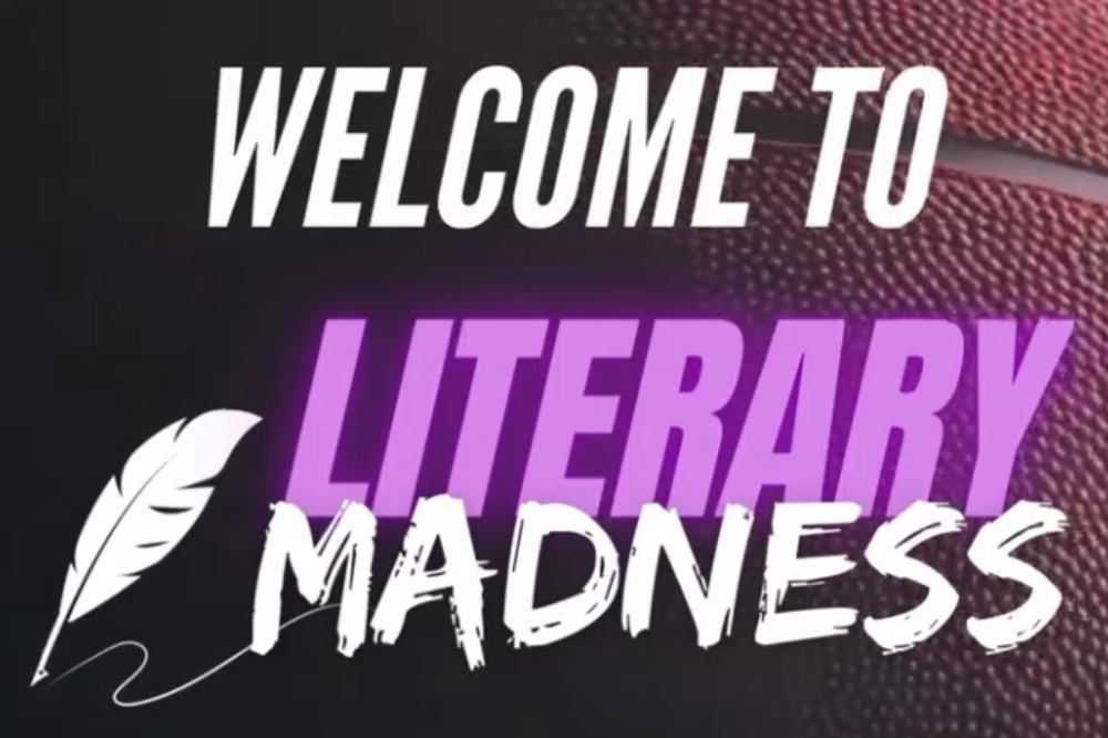 In front of a basketball, text reads "Welcome to LITERARY MADNESS" with a feather icon next to it.
