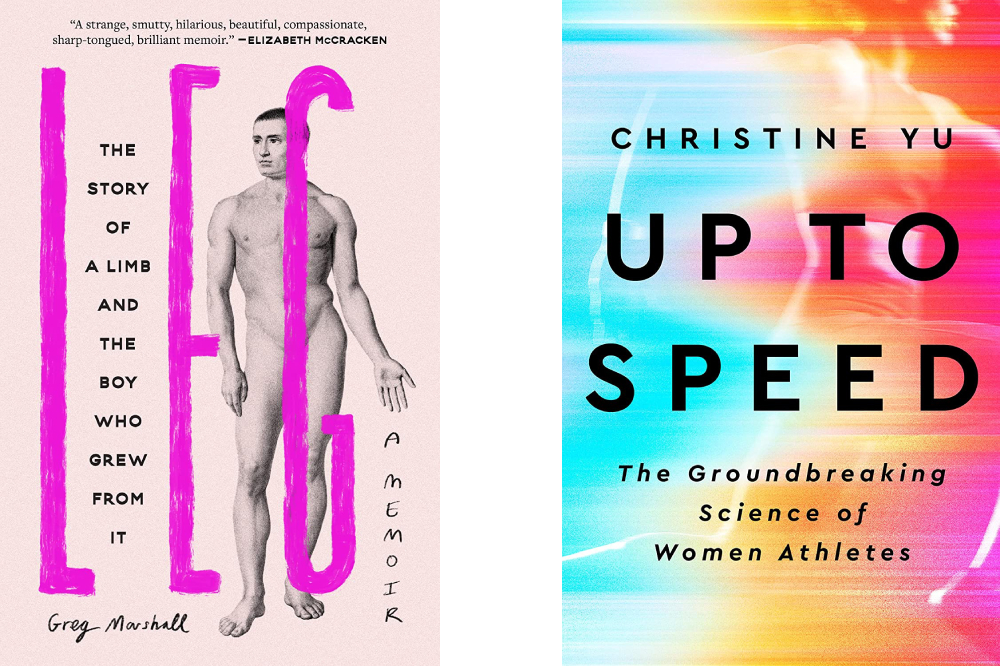 Two book covers: "Leg" and "Up to Speed."